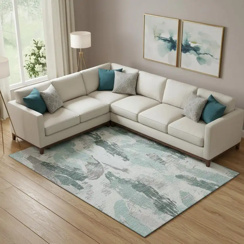 Teal Ivory And Gray Abstract Washable Area Rug With UV Protection Photo 2