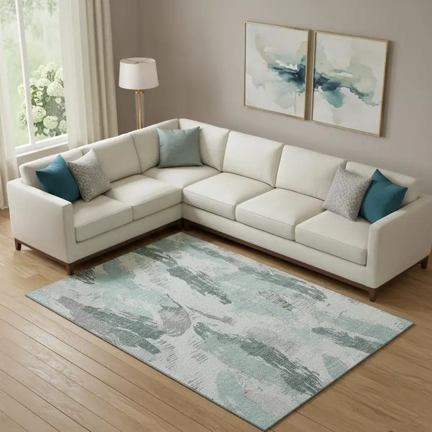 Teal Ivory And Gray Abstract Washable Area Rug With UV Protection Photo 2