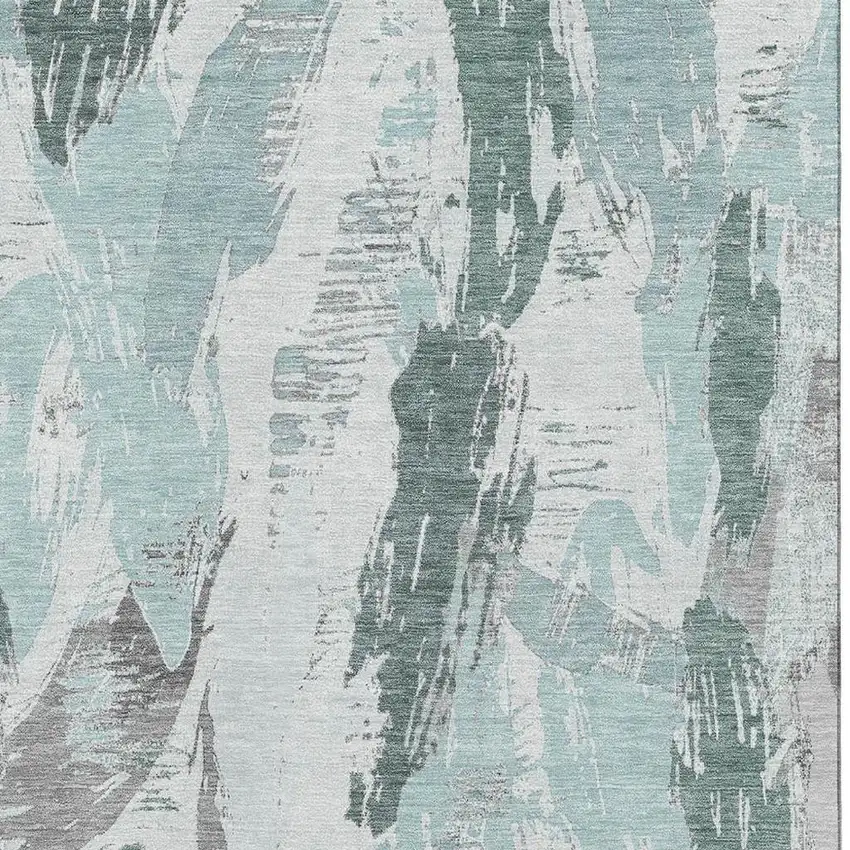 Teal Ivory And Gray Abstract Washable Area Rug With UV Protection Photo 3