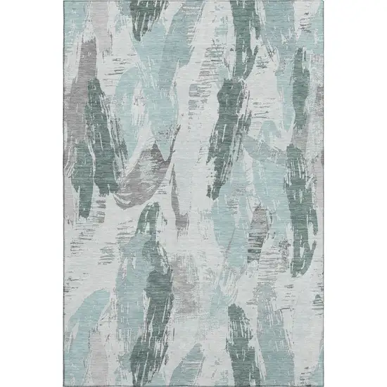 Teal Ivory And Gray Abstract Washable Area Rug With UV Protection Photo 1