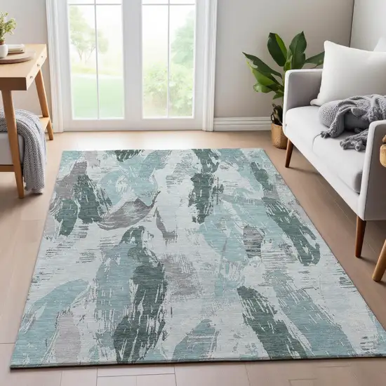 Teal Ivory And Gray Abstract Washable Area Rug With UV Protection Photo 5
