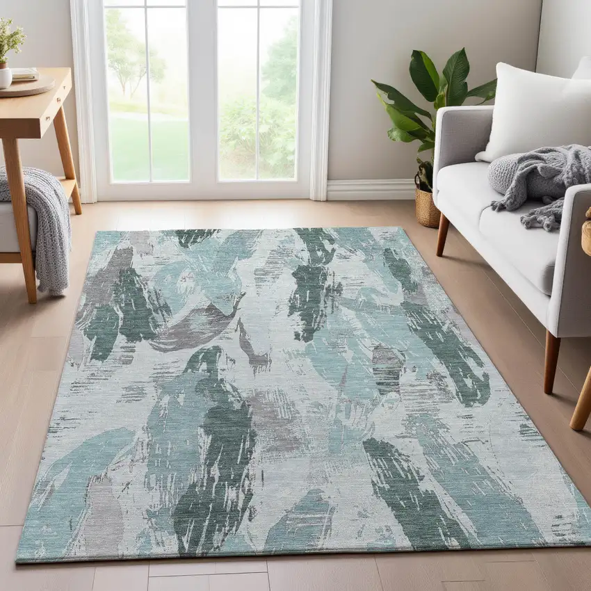 Teal Ivory And Gray Abstract Washable Area Rug With UV Protection Photo 5