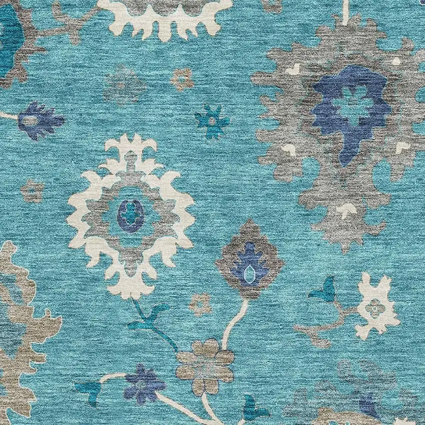 Teal Ivory And Gray Floral Medallion Washable Area Rug With UV Protection Photo 3