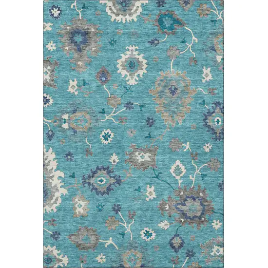 Teal Ivory And Gray Floral Medallion Washable Area Rug With UV Protection Photo 4