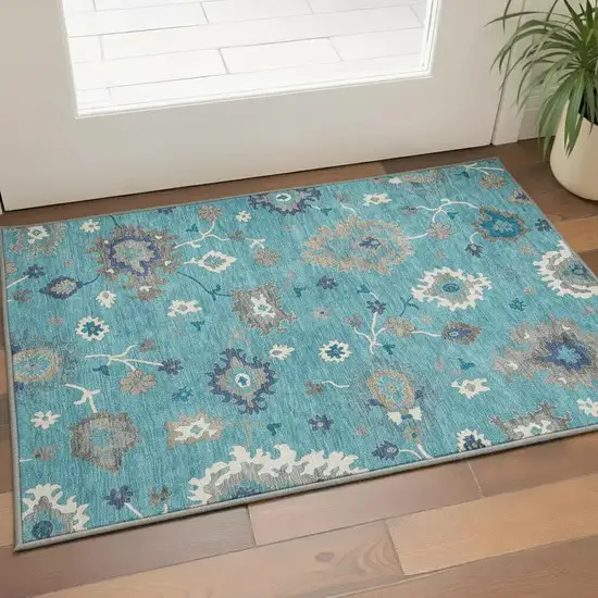 Teal Ivory And Gray Floral Medallion Washable Area Rug With UV Protection Photo 2