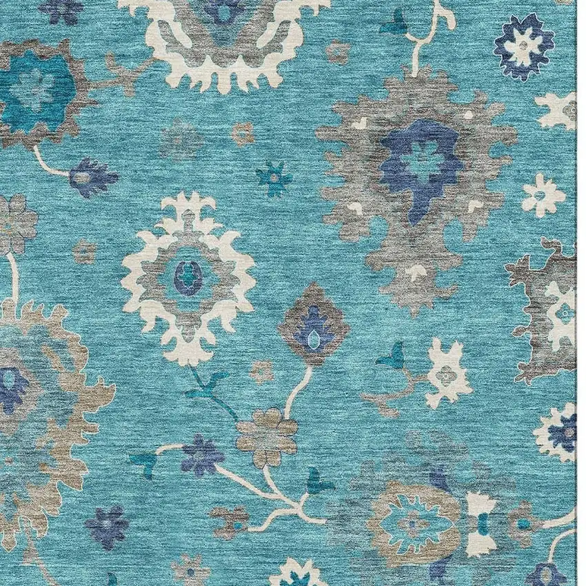 Teal Ivory And Gray Floral Medallion Washable Area Rug With UV Protection Photo 3