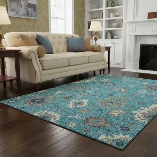 Teal Ivory And Gray Floral Medallion Washable Area Rug With UV Protection Photo 2