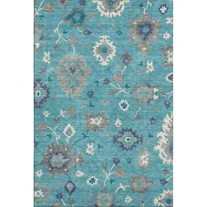 Photo of Teal Ivory And Gray Floral Medallion Washable Area Rug With UV Protection