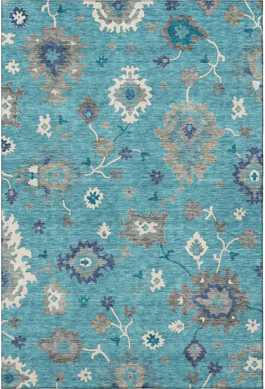 Teal Ivory And Gray Floral Medallion Washable Area Rug With UV Protection Photo 4