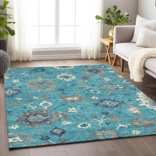 Teal Ivory And Gray Floral Medallion Washable Area Rug With UV Protection Photo 5
