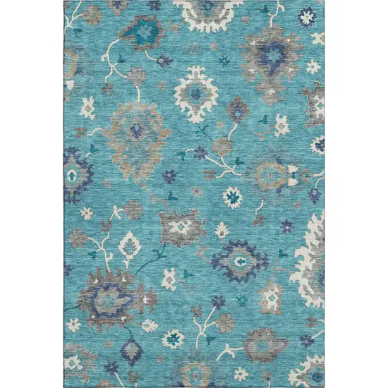 Teal Ivory And Gray Floral Medallion Washable Area Rug With UV Protection Photo 1