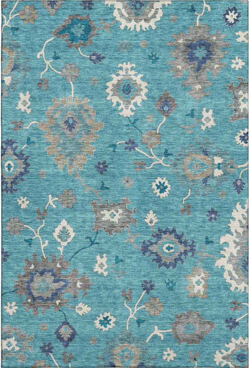 Teal Ivory And Gray Floral Medallion Washable Area Rug With UV Protection Photo 1