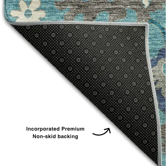 Teal Ivory And Gray Floral Medallion Washable Area Rug With UV Protection Photo 7