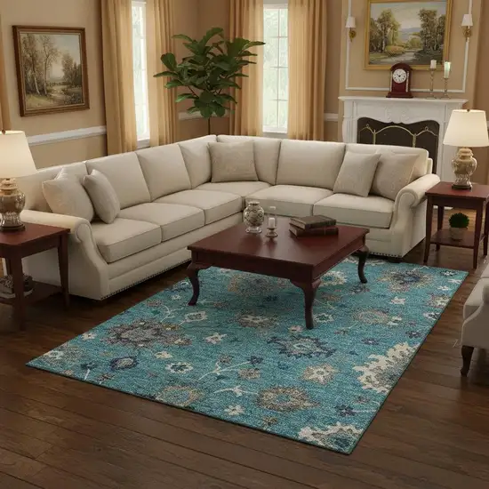 Teal Ivory And Gray Floral Medallion Washable Area Rug With UV Protection Photo 2