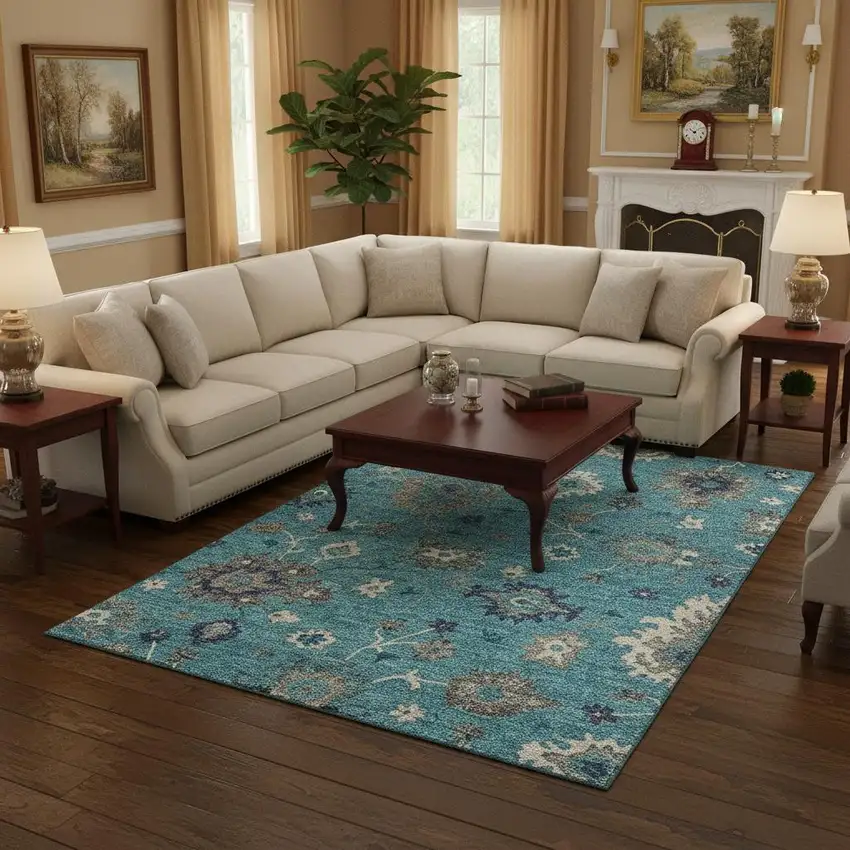 Teal Ivory And Gray Floral Medallion Washable Area Rug With UV Protection Photo 2