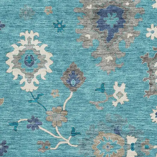 Teal Ivory And Gray Floral Medallion Washable Area Rug With UV Protection Photo 3