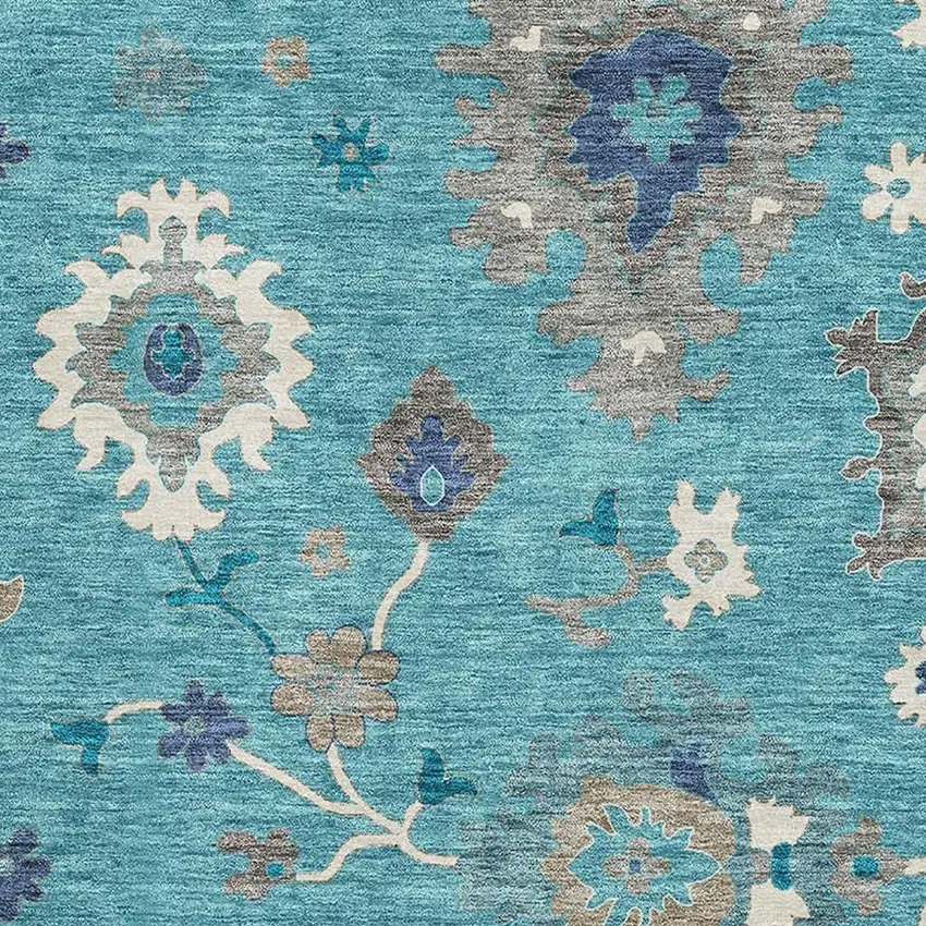 Teal Ivory And Gray Floral Medallion Washable Area Rug With UV Protection Photo 3