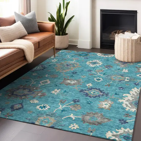 Teal Ivory And Gray Floral Medallion Washable Area Rug With UV Protection Photo 6
