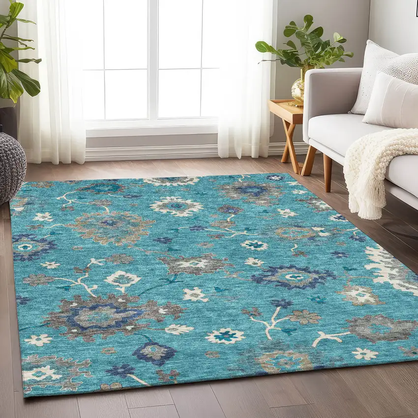 Teal Ivory And Gray Floral Medallion Washable Area Rug With UV Protection Photo 5