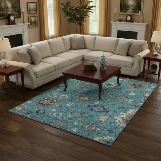 Teal Ivory And Gray Floral Medallion Washable Area Rug With UV Protection Photo 2