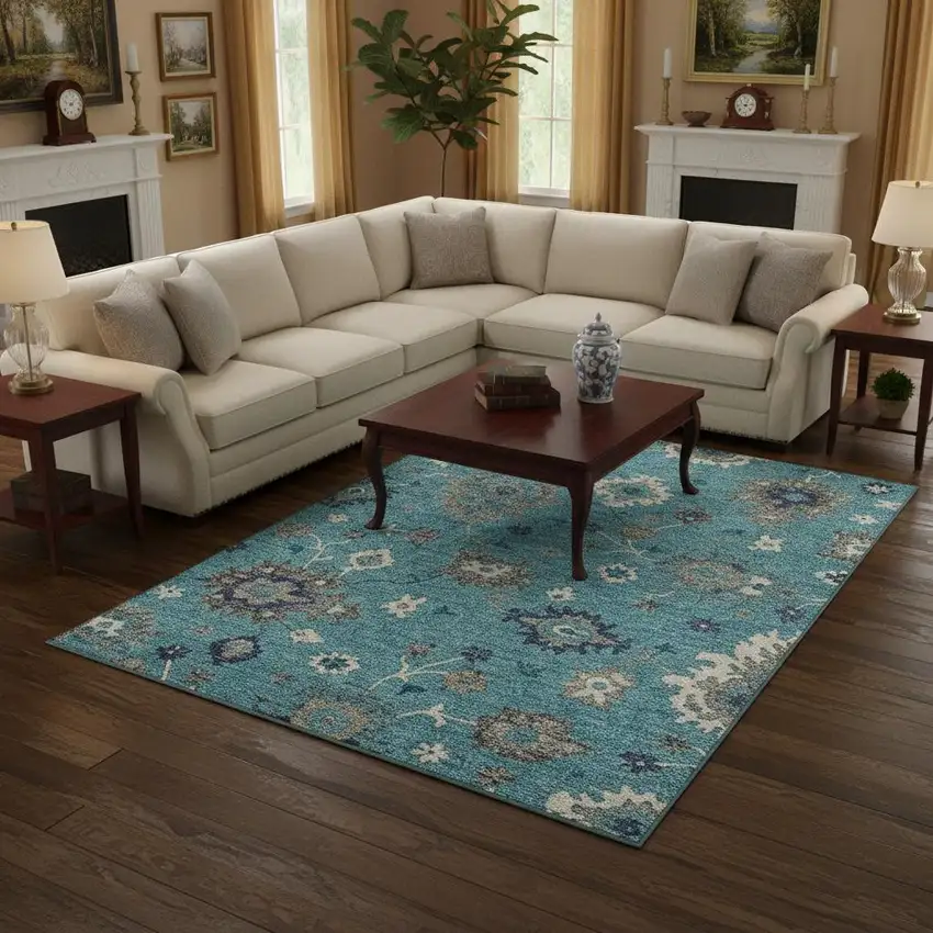 Teal Ivory And Gray Floral Medallion Washable Area Rug With UV Protection Photo 2