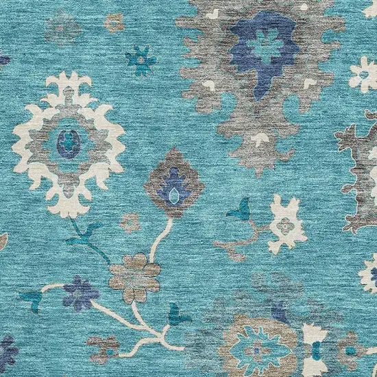 Teal Ivory And Gray Floral Medallion Washable Area Rug With UV Protection Photo 3