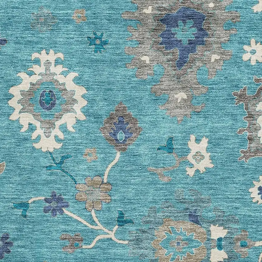 Teal Ivory And Gray Floral Medallion Washable Area Rug With UV Protection Photo 3
