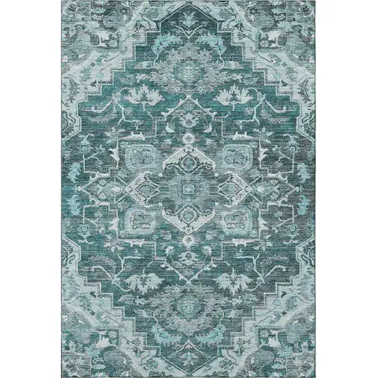 Teal Ivory And Gray Floral Medallion Washable Area Rug With UV Protection Photo 4