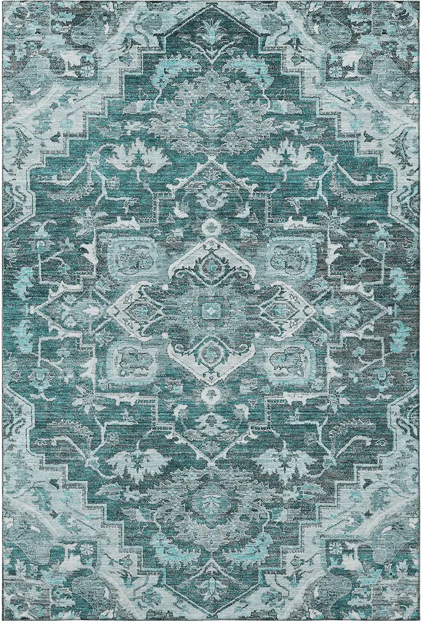 Teal Ivory And Gray Floral Medallion Washable Area Rug With UV Protection Photo 4