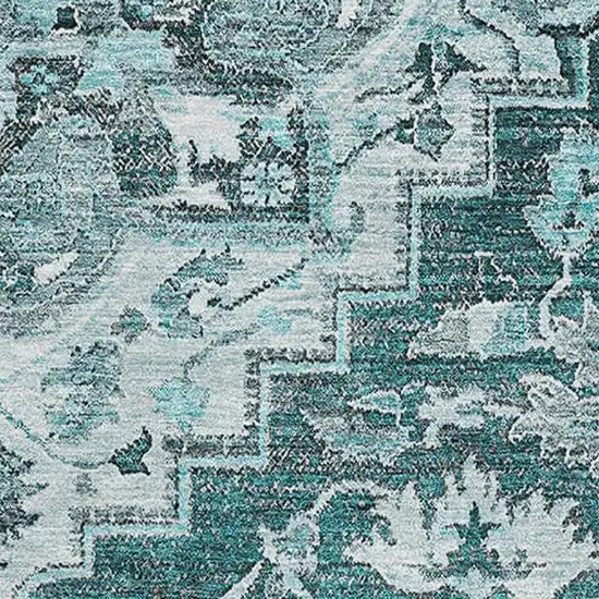 Teal Ivory And Gray Floral Medallion Washable Area Rug With UV Protection Photo 3