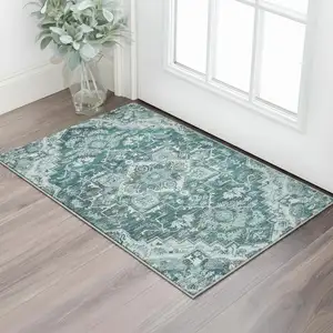 Photo of Teal Ivory And Gray Floral Medallion Washable Area Rug With UV Protection