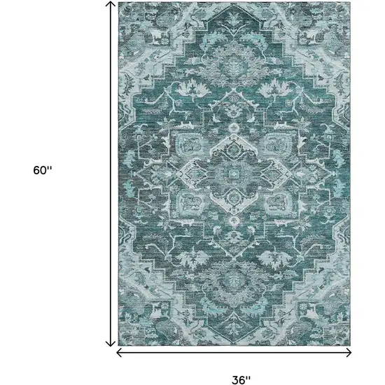 Teal Ivory And Gray Floral Medallion Washable Area Rug With UV Protection Photo 3