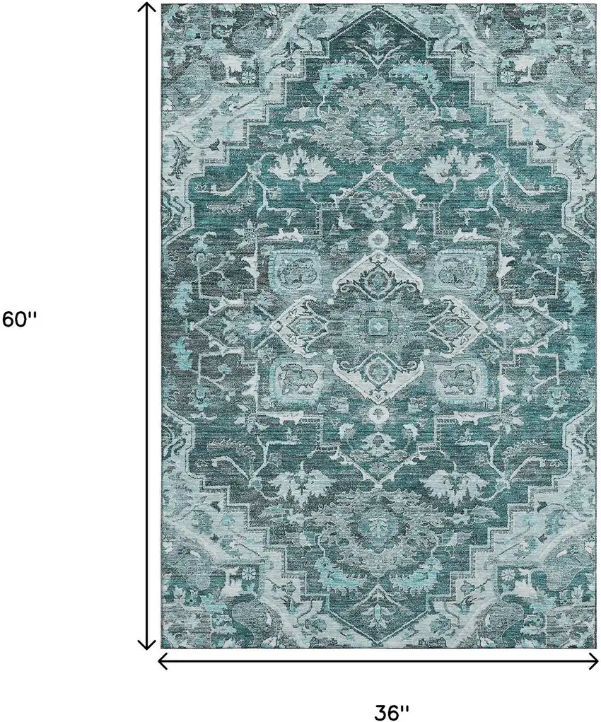 Teal Ivory And Gray Floral Medallion Washable Area Rug With UV Protection Photo 3