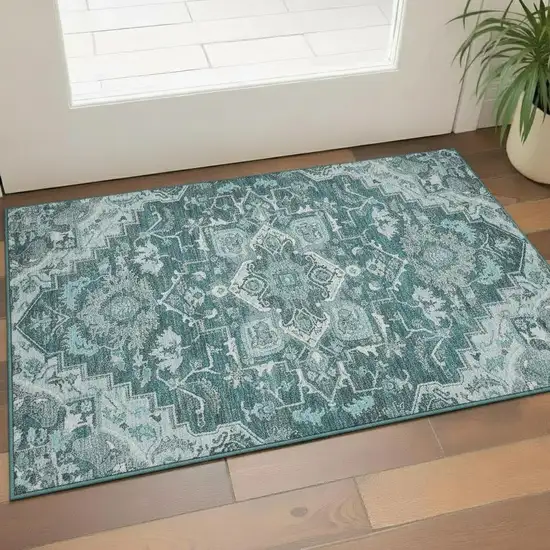 Teal Ivory And Gray Floral Medallion Washable Area Rug With UV Protection Photo 1