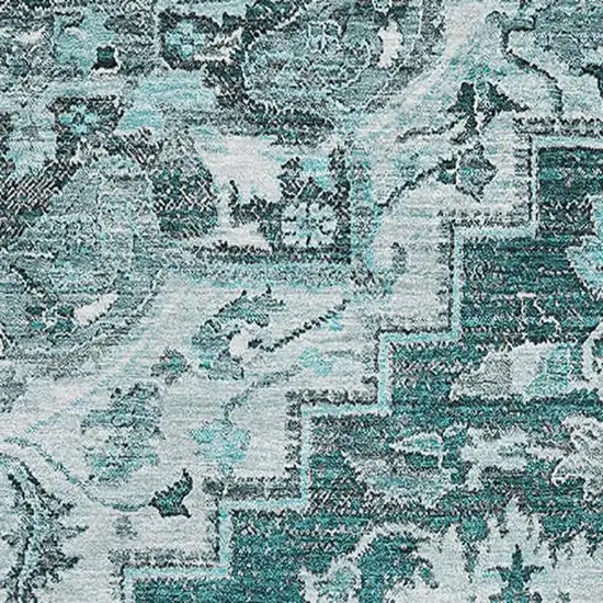 Teal Ivory And Gray Floral Medallion Washable Area Rug With UV Protection Photo 3
