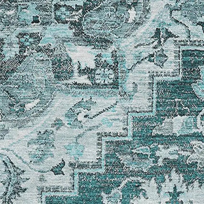 Teal Ivory And Gray Floral Medallion Washable Area Rug With UV Protection Photo 3