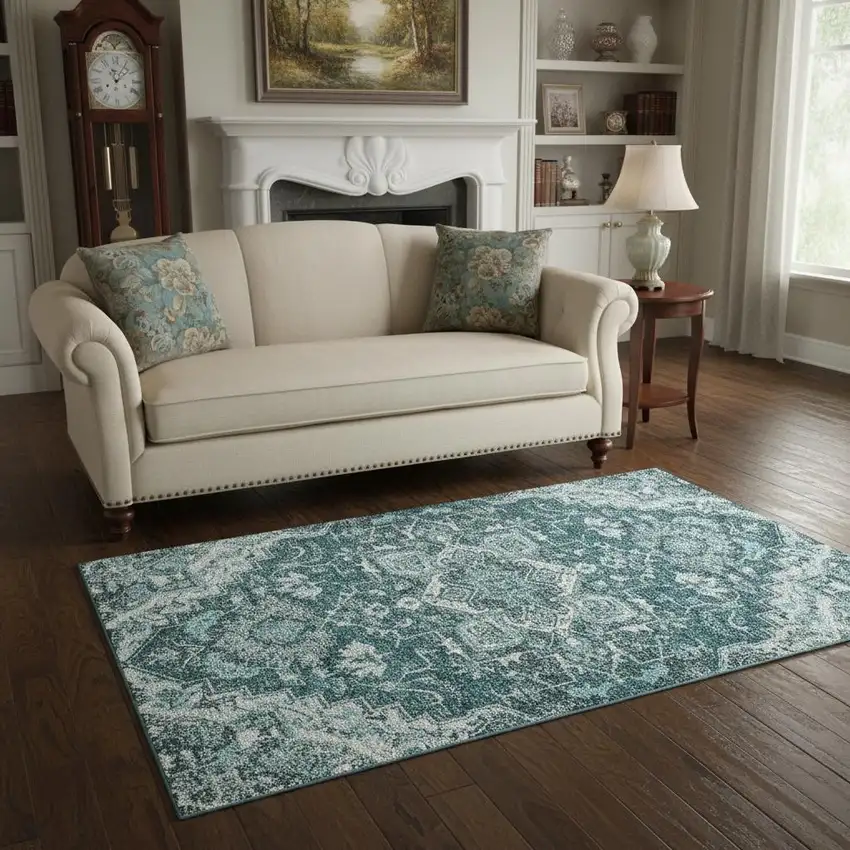 Teal Ivory And Gray Floral Medallion Washable Area Rug With UV Protection Photo 2
