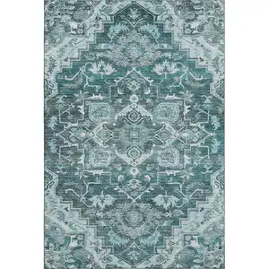 Photo of Teal Ivory And Gray Floral Medallion Washable Area Rug With UV Protection