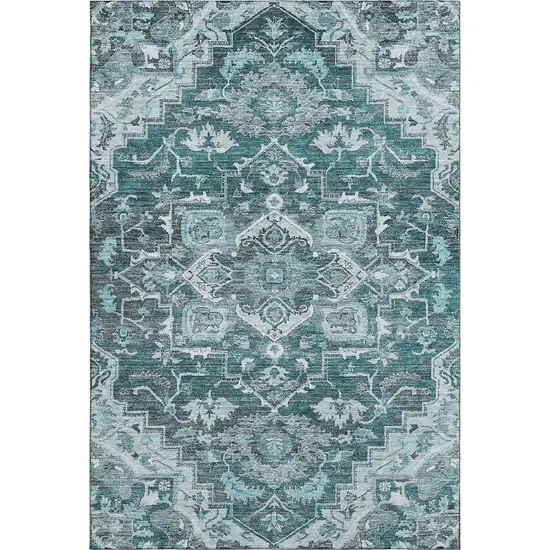 Teal Ivory And Gray Floral Medallion Washable Area Rug With UV Protection Photo 1