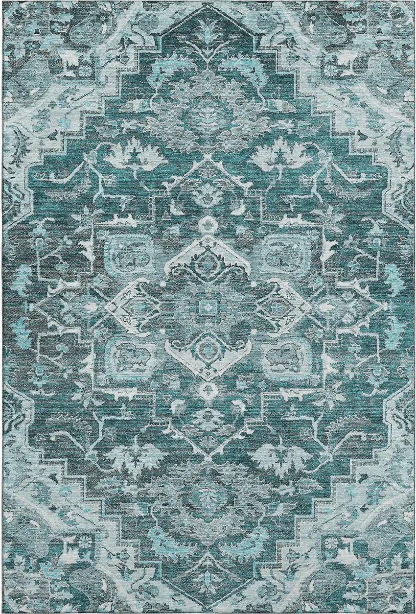 Teal Ivory And Gray Floral Medallion Washable Area Rug With UV Protection Photo 1
