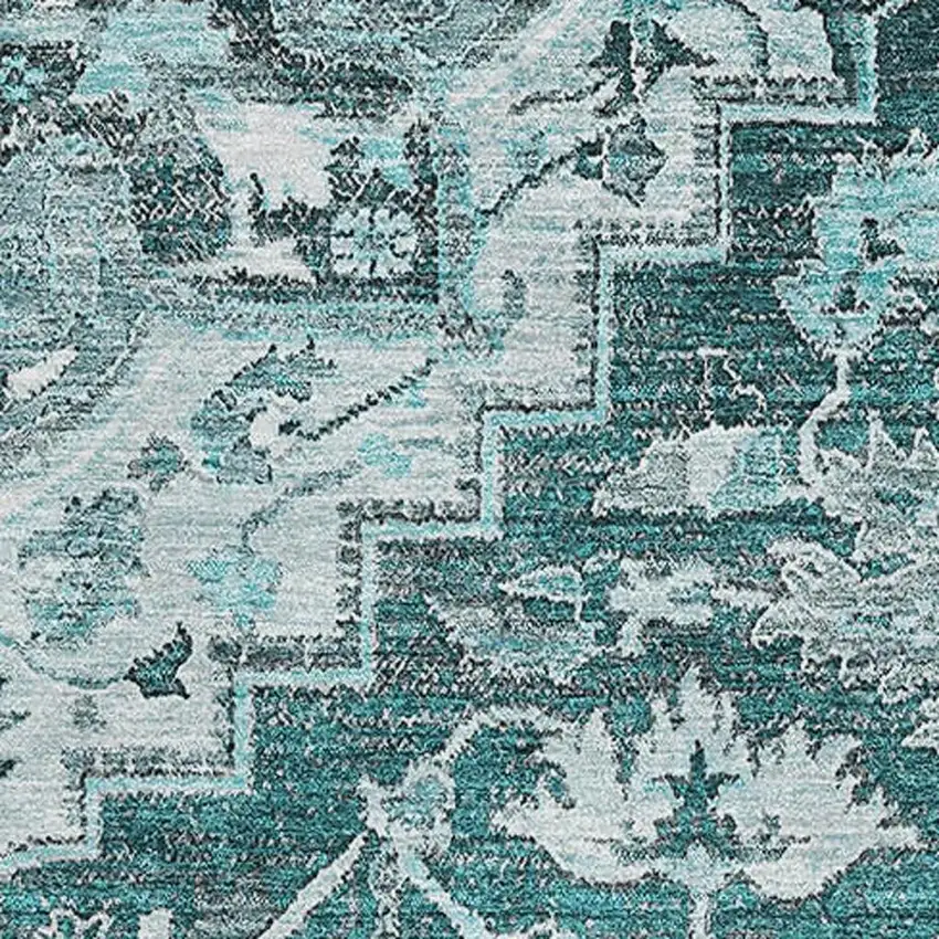 Teal Ivory And Gray Floral Medallion Washable Area Rug With UV Protection Photo 3