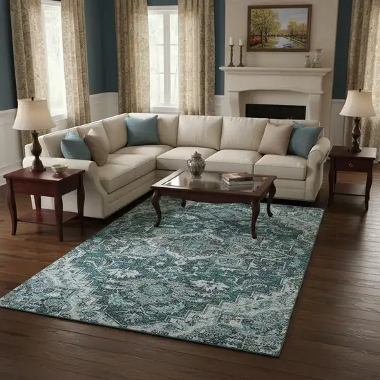 Teal Ivory And Gray Floral Medallion Washable Area Rug With UV Protection Photo 2