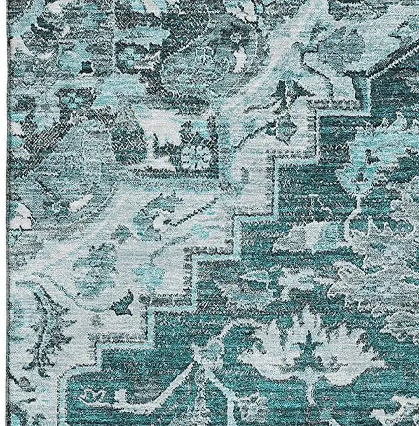 Teal Ivory And Gray Floral Medallion Washable Area Rug With UV Protection Photo 4