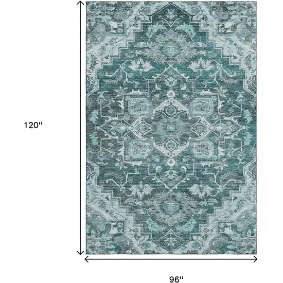 Teal Ivory And Gray Floral Medallion Washable Area Rug With UV Protection Photo 3
