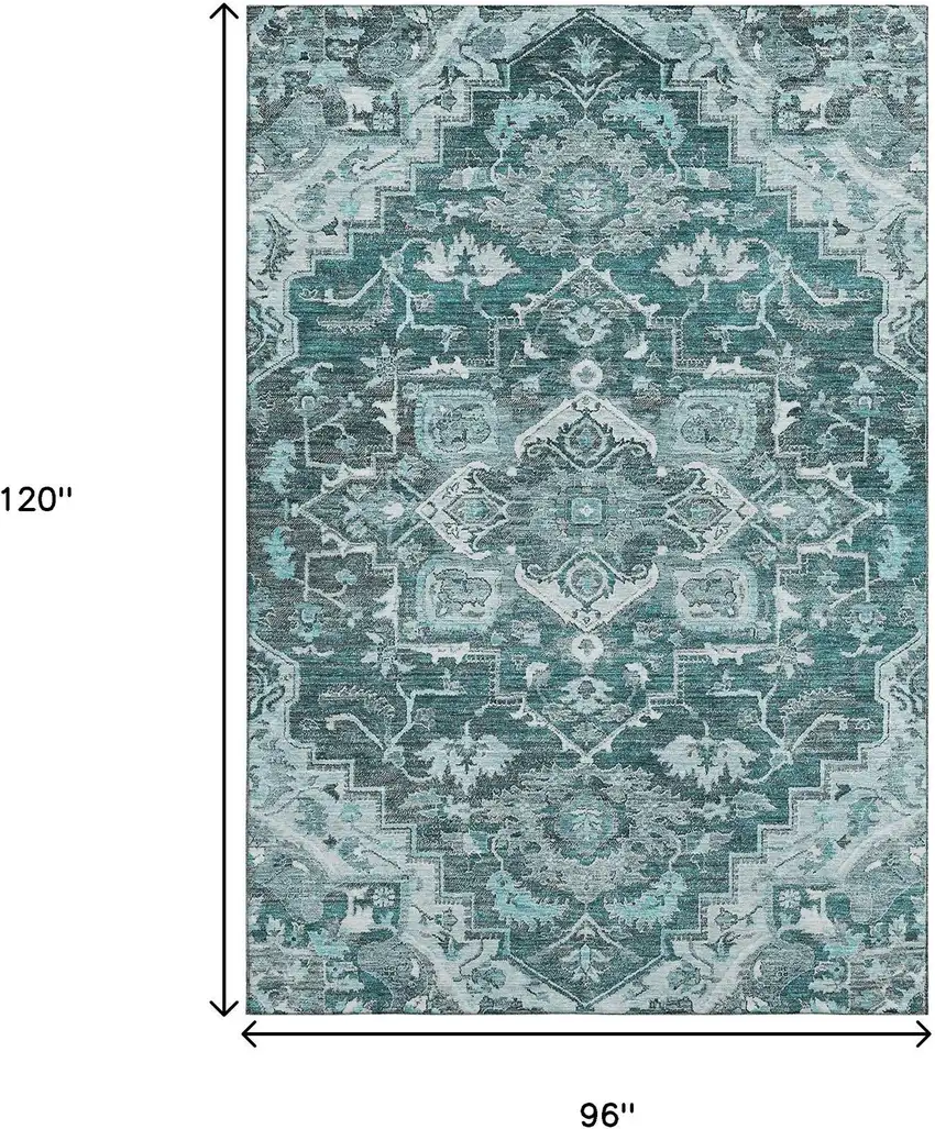 Teal Ivory And Gray Floral Medallion Washable Area Rug With UV Protection Photo 3