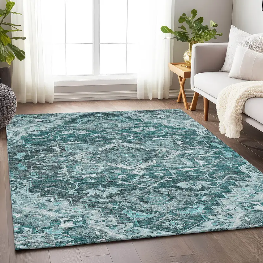 Teal Ivory And Gray Floral Medallion Washable Area Rug With UV Protection Photo 6