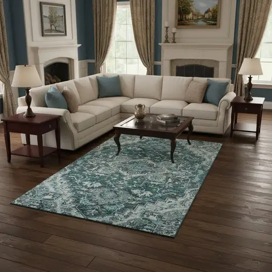 Teal Ivory And Gray Floral Medallion Washable Area Rug With UV Protection Photo 2