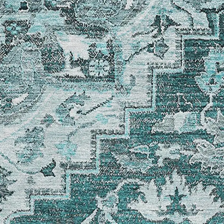 Teal Ivory And Gray Floral Medallion Washable Area Rug With UV Protection Photo 3