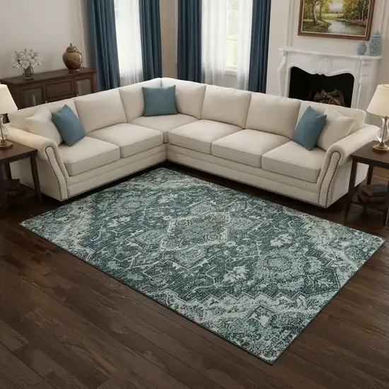 Teal Ivory And Gray Floral Medallion Washable Area Rug With UV Protection Photo 2