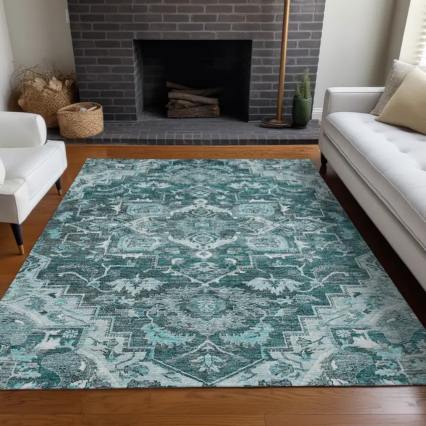 Teal Ivory And Gray Floral Medallion Washable Area Rug With UV Protection Photo 5